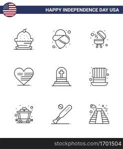 USA Independence Day Line Set of 9 USA Pictograms of gravestone  death  barbecue  flag  love Editable USA Day Vector Design Elements