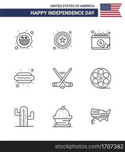 USA Independence Day Line Set of 9 USA Pictograms of sport  hokey  calendar  hot i  dog Editable USA Day Vector Design Elements