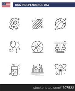 USA Independence Day Line Set of 9 USA Pictograms of sports  backetball  ball  party  celebrate Editable USA Day Vector Design Elements