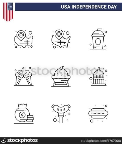 USA Independence Day Line Set of 9 USA Pictograms of sweet; dessert; holiday; cake; cream Editable USA Day Vector Design Elements