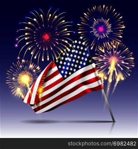 USA Independence day poster with firework and flag. Celebration holiday with fireworks, vector illustration. USA Independence day poster with firework and flag