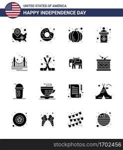 USA Independence Day Solid Glyph Set of 16 USA Pictograms of gate; sign; food; stage; usa Editable USA Day Vector Design Elements