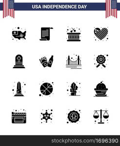 USA Independence Day Solid Glyph Set of 16 USA Pictograms of gravestone; death; drum; love; flag Editable USA Day Vector Design Elements