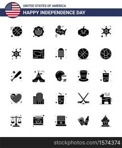 USA Independence Day Solid Glyph Set of 25 USA Pictograms of map; star; map; police; usa Editable USA Day Vector Design Elements