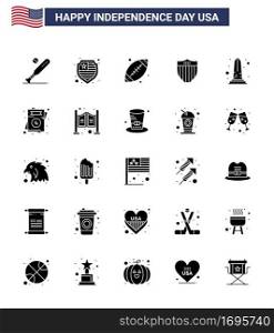 USA Independence Day Solid Glyph Set of 25 USA Pictograms of monument  usa  ball  seurity  american Editable USA Day Vector Design Elements