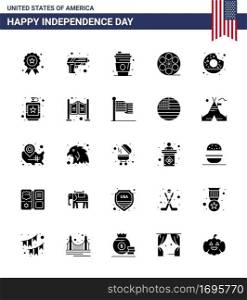 USA Independence Day Solid Glyph Set of 25 USA Pictograms of round  american  alcohol  video  movis Editable USA Day Vector Design Elements