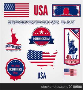 USA Independence day vector design template elements. 4th of July celebration symbols. American National holiday signs. Medals, labels, icons, banner, flag, dollar, map. Patriot freedom Concept.
