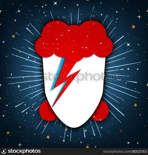 USA, JANUARY 18, 2016: Stylized flat style vector Illustration of David Bowie with a signature lightning bolt painted on his face, on starry background, tribute to David Bowie