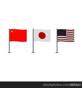 Usa Japan and China flags. Flags set. Usa Japan and China flags