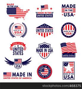 Usa labels. Flag made america american states flags label badge stamp star patriot stripe ribbon emblem sticker banner, vector business icons. Usa labels. Flag made america american states flags label badge stamp star patriot stripe ribbon emblem sticker banner, vector icons