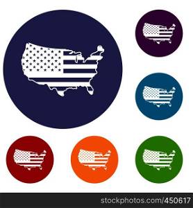 USA map icons set in flat circle reb, blue and green color for web. USA map icons set
