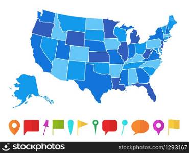 Usa map. Infographic us country map with multi-colored states and pins, topographic info outline road, travel poster vector illustration. Usa map. Infographic us map with multi-colored states and pins, topographic info outline road, travel poster vector illustration
