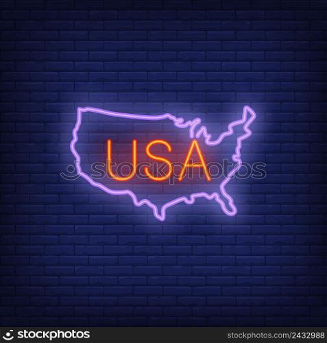 USA map on brick background. Neon style illustration. USA banner. Country, America, continent. For travel, tourism, geography