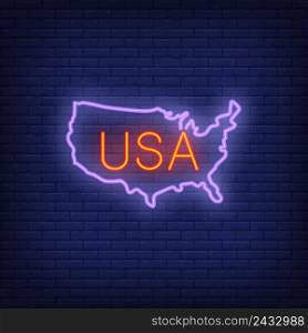 USA map on brick background. Neon style illustration. USA banner. Country, America, continent. For travel, tourism, geography