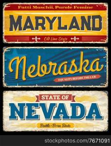 USA Maryland, Nebraska and Nevada vintage vector signs. American states travel and tourism destination of old line, battle born and cornhusker states, old grunge greeting banners and postcard design. USA Maryland, Nebraska, Nevada state vintage signs