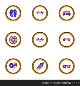 USA patriotic holiday icons set. Cartoon style set of 9 USA patriotic holiday vector icons for web design. USA patriotic holiday icons set, cartoon style