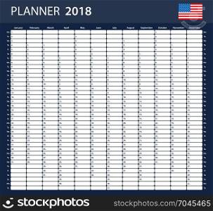 USA Planner blank for 2018. Scheduler, agenda or diary template.
