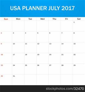 USA Planner blank for July 2017. Scheduler, agenda or diary template. Week starts on Sunday