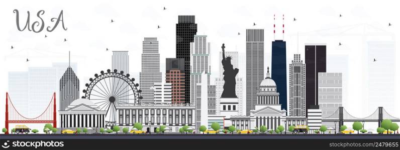 USA Skyline with Gray Skyscrapers and Landmarks. Vector Illustration. Business Travel and Tourism Concept with Modern Architecture. Image for Presentation Banner Placard and Web Site.