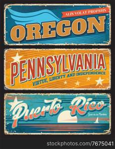 USA states travel vector metal banners with rusty effects. Oregon, Pennsylvania and Puerto Rico American states tourism old tin signboards or grunge postcards with stars, wings and Caribbean Sea. USA states travel rusty metal banners