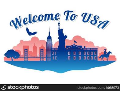 USA top famous landmark silhouette style on island famous landmark silhouette style,welcome to usa,travel and tourism,vector illustration