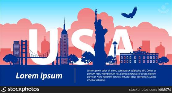 usa top famous landmark silhouette style,USA text within,travel and tourism,vector illustration