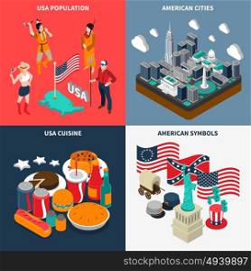 USA Touristic Concept Icons Set . USA touristic concept icons set with cuisine and population symbols isometric isolated vector illustration