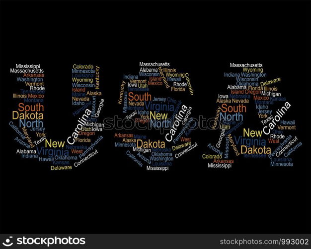 USA travel concept made with words cities names, vector. USA word cloud travel concept made with words all states names