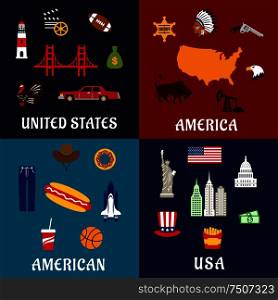 USA travel flat icons with map, flag, dollars, fast food and drinks, statue of Liberty, skyscrapers, bridge car cowboy hat gun, sheriff star eagle, movie, basketball and rugby ball. USA travel and american flat icons