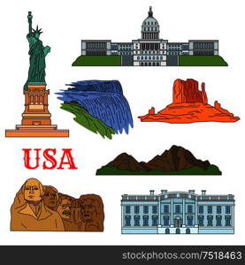 USA travel landmarks of culture, history and nature thin line icon with the statue of Liberty, Grand Canyon, United States Capitol, Niagara falls, Rushmore National Memorial and Rocky Mountains. Culture, history, nature travel sights of USA icon