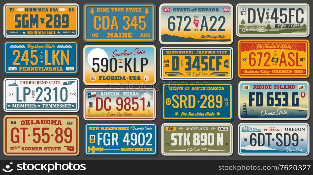 USA Vehicle Registration Plates With State And City Symbols. Vector ...