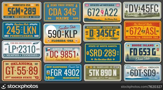 USA vehicle registration plates with state and city symbols. Vector American car number plates of Minnesota, Nevada and Maryland, Rhode Island or Memphis and Tennessee, New Jersey and Oregon. USA states ans cities vehicle registration plates