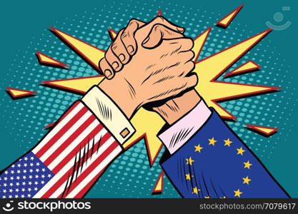 USA vs EU policy and competition, Arm wrestling fight confrontation, pop art retro vector illustration. USA vs EU Arm wrestling fight confrontation