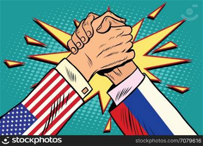 USA vs Russia. Arm wrestling fight confrontation, pop art retro vector illustration. USA vs Russia Arm wrestling fight confrontation