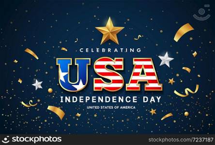 USA Word Text, American flag with golden design on blue background, vector illustration