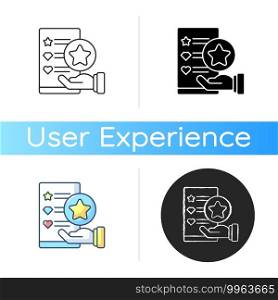 Usability evaluation icon. Adaptive software. Interactive application for customer satisfaction. Website optimization. User experience. Linear black and RGB color styles. Isolated vector illustrations. Usability evaluation icon