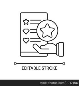 Usability evaluation linear icon. Interactive application for customer satisfaction. Thin line customizable illustration. Contour symbol. Vector isolated outline drawing. Editable stroke. Usability evaluation linear icon