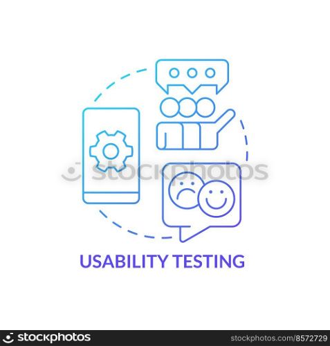 Usability testing blue gradient concept icon. Users feedback and reviews. Mobile first design testing abstract idea thin line illustration. Isolated outline drawing. Myriad Pro-Bold font used. Usability testing blue gradient concept icon