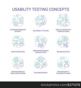 Usability testing blue gradient concept icons set. Conduct website design research. UX assess process idea thin line color illustrations. Isolated symbols. Roboto-Medium, Myriad Pro-Bold fonts used. Usability testing blue gradient concept icons set