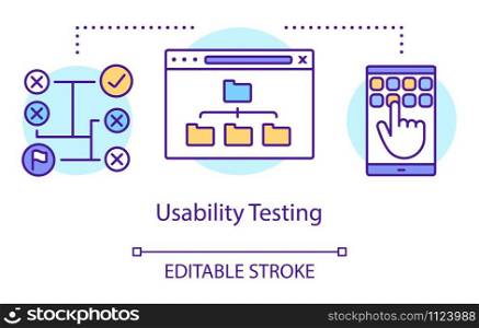 Usability testing concept icon. Real users interaction idea thin line illustration. Software testing process. Indicating issues and problems. Vector isolated outline drawing. Editable stroke