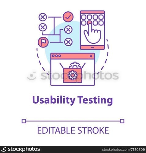 Usability testing concept icon. Software development stage idea thin line illustration. User interaction with system. App programming. IT project. Vector isolated outline drawing. Editable stroke