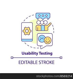 Usability testing concept icon. Users feedback. Mobile first design testing abstract idea thin line illustration. Isolated outline drawing. Editable stroke. Arial, Myriad Pro-Bold fonts used. Usability testing concept icon