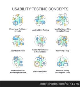 Usability testing concept icons set. Conduct product research. User experience design idea thin line color illustrations. Isolated symbols. Editable stroke. Roboto-Medium, Myriad Pro-Bold fonts used. Usability testing concept icons set