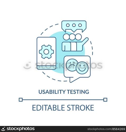 Usability testing turquoise concept icon. Users feedback. Mobile first design testing abstract idea thin line illustration. Isolated outline drawing. Editable stroke. Arial, Myriad Pro-Bold fonts used. Usability testing turquoise concept icon
