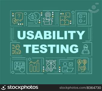 Usability testing word concepts green banner. User experience research. Infographics with editable icons on color background. Isolated typography. Vector illustration with text. Arial-Black font used. Usability testing word concepts green banner