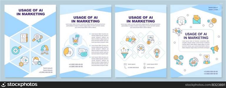 Usage of AI in marketing blue brochure template. Leaflet design with linear icons. Editable 4 vector layouts for presentation, annual reports. Arial-Black, Myriad Pro-Regular fonts used. Usage of AI in marketing blue brochure template