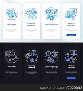 Usage of neuroscience onboarding mobile app page screen. Design testing walkthrough 4 steps graphic instructions with concepts. UI, UX, GUI vector template with linear night and day mode illustrations. Usage of neuroscience onboarding mobile app page screen