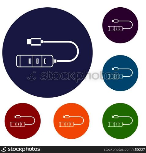 USB adapter connectors icons set in flat circle reb, blue and green color for web. USB adapter connectors icons set