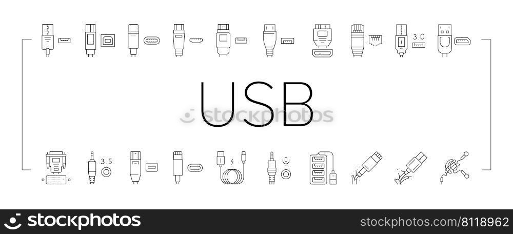 Usb Cab≤And Port Purchases Icons Set Vector. 3.0 Usb Cab≤And Dp Displayport, Tang≤Earpho≠And Hub, Thunderbo<And Char≥r, Mini Jack And Micropho≠Black Contour Illustrations. Usb Cab≤And Port Purchases Icons Set Vector