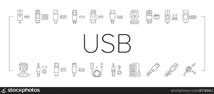 Usb Cab≤And Port Purchases Icons Set Vector. 3.0 Usb Cab≤And Dp Displayport, Tang≤Earpho≠And Hub, Thunderbo<And Char≥r, Mini Jack And Micropho≠Black Contour Illustrations. Usb Cab≤And Port Purchases Icons Set Vector